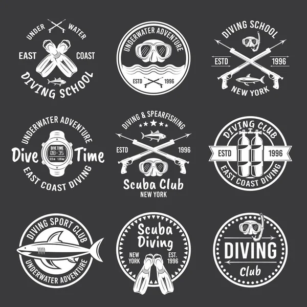 Diving, spearfishing vector white labels on dark — Stock Vector
