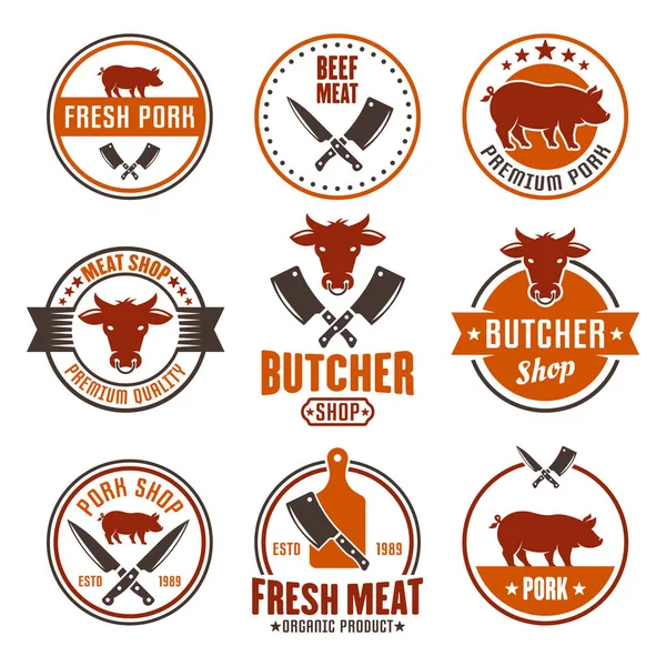 Butcher shop set of vector colored round emblems — Stock Vector