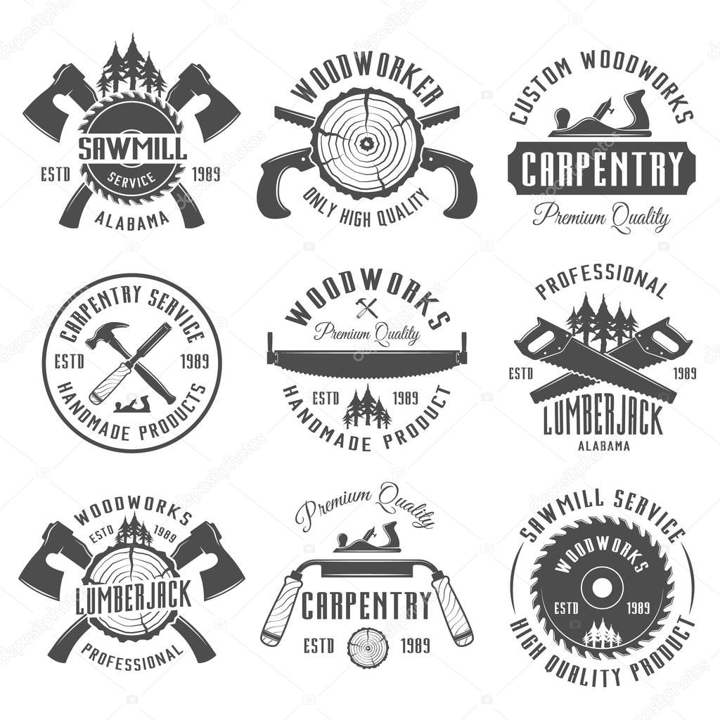 Set of carpentry, woodworkers, lumberjack, sawmill service monochrome vector labels, emblems and logos isolated on white background