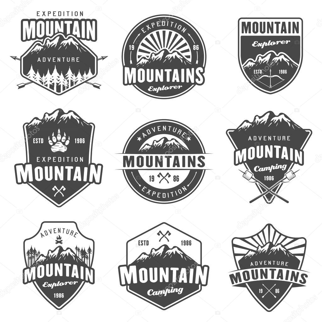 Mountain travel, outdoor adventure, camping and hiking set of black vector emblems, labels, badges and logos isolated on white background