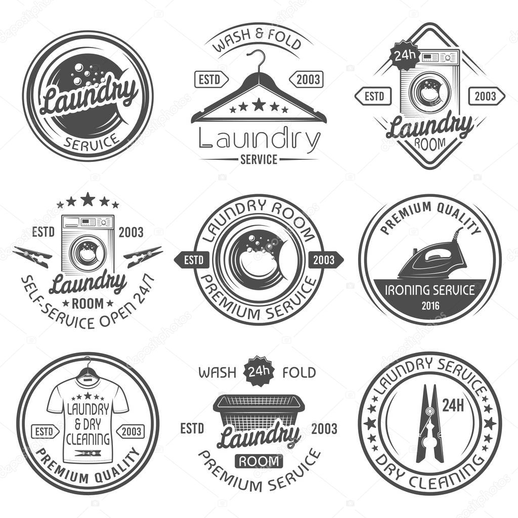 Laundry room and dry cleaning service, ironing service set of vector black emblems, labels, badges and design elements isolated on white background. Laundry logos templates with washing machine