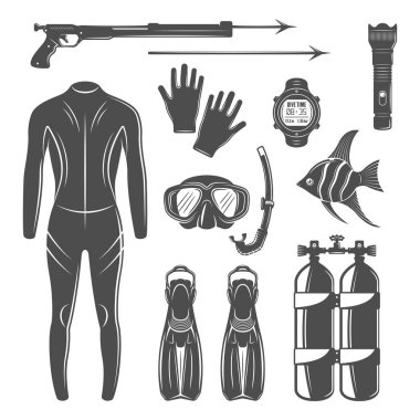 Scuba dalış ekipmanı vektör tasarım öğeleri