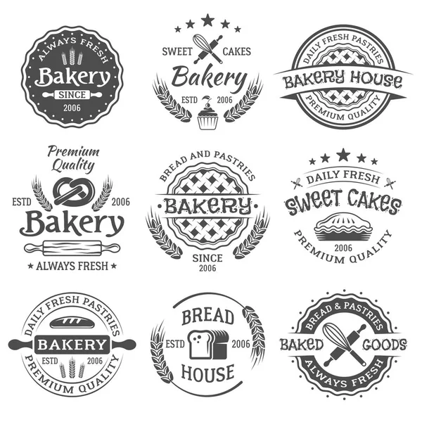 Bäckerei und Gebäck Vintage Vector schwarze Embleme — Stockvektor