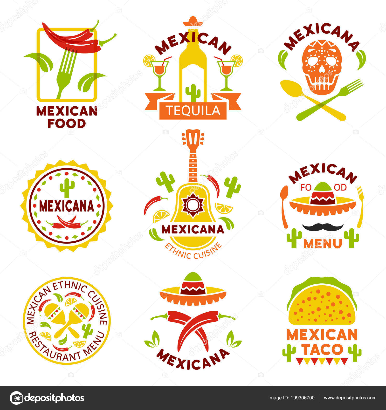 墨西哥食品标志、标签、徽章和徽章图库矢量图©Flat_Enot 199306700, image size:1600x1700