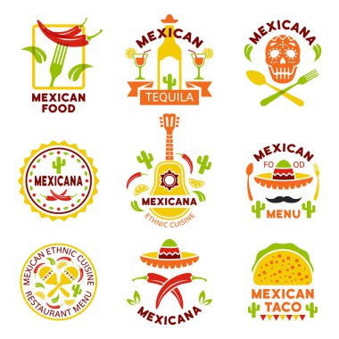 Meksika yemeği logo, etiketleri, amblem ve rozetleri