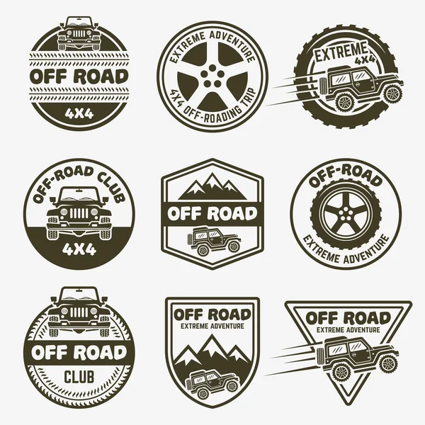 Off-road conjunto de coches suv vector emblemas monocromáticos — Vector de stock