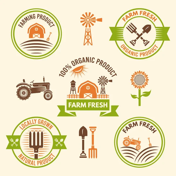 Produits agricoles frais et biologiques badges vectoriels — Image vectorielle