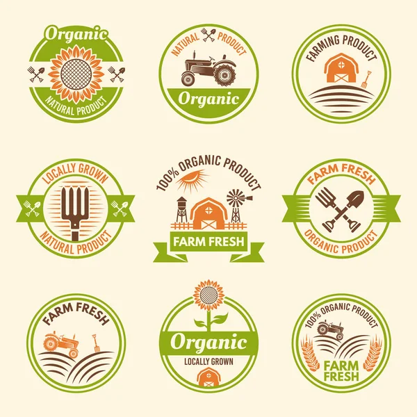 Agricultura productos orgánicos emblemas vectoriales de colores — Vector de stock