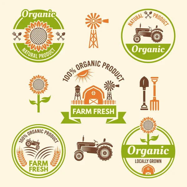 Farma čerstvých potravin a bioproduktů vektorové odznaky — Stockový vektor