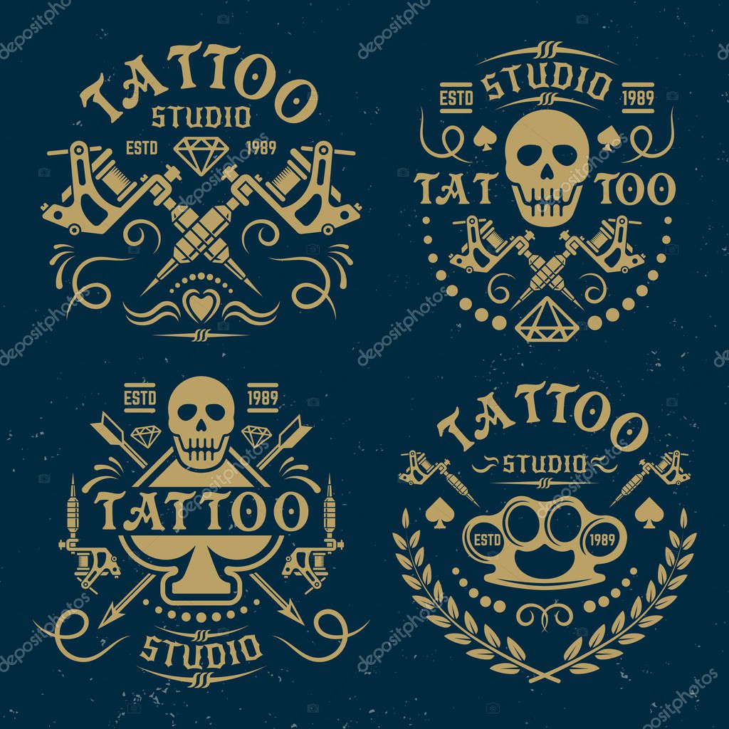 Tattoo studio set of vector vintage emblems, labels, logo templates, on dark blue background with grunge texture, tattoo salon emblem, tattoo master logo, tattoo t-shirt prints