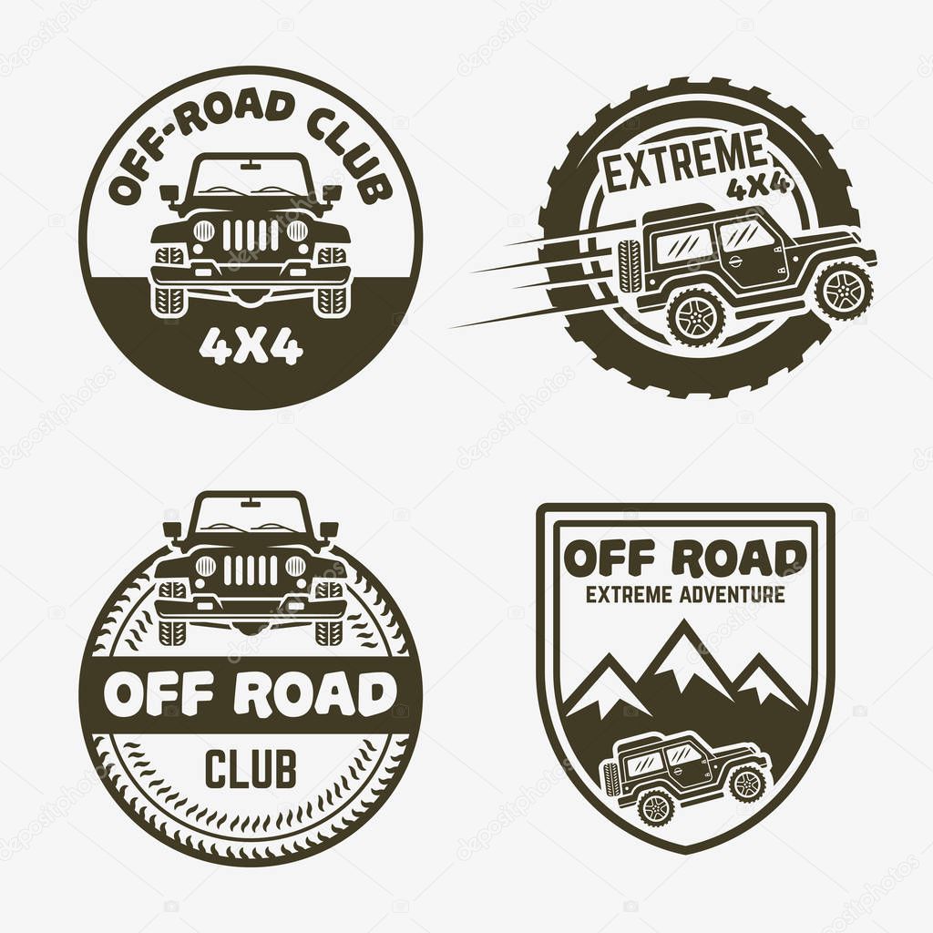 Set of four off-road suv car monochrome labels, emblems, badges or logos isolated on white background. Off-roading trip emblems, 4x4 extreme club emblems, SUV front and side view vector black icon