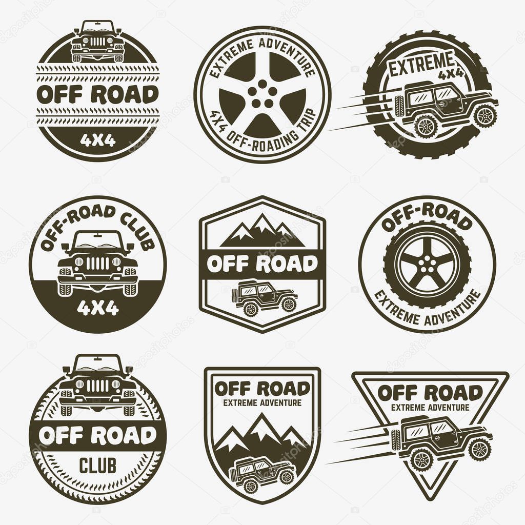 Off-road suv car set of vector monochrome labels, emblems, badges and logos isolated on white background. Off-roading club, 4x4 club design elements. SUV front and side view vector black icon