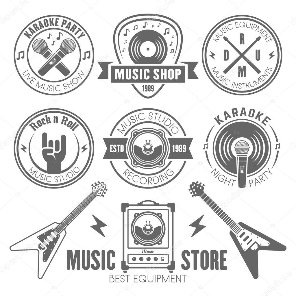 Music shop, recording studio, karaoke club monochrome labels, badges, emblems and logos, set of vector design elements isolated on white background