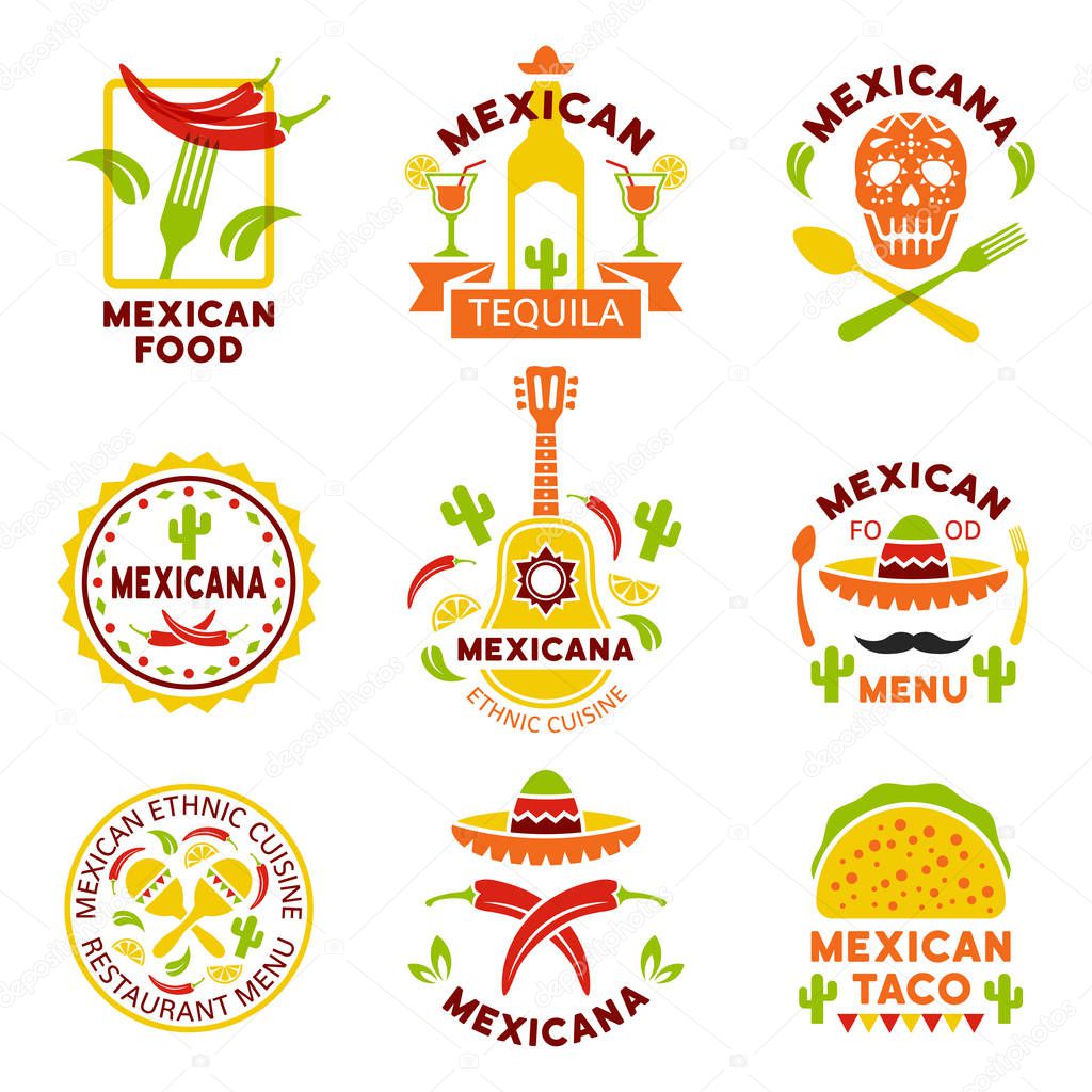 Mexican food logo, labels, emblems and badges, set of vector templates isolated on white background. Mexican ethnic cuisine vector illustration. Restaurant menu design elements