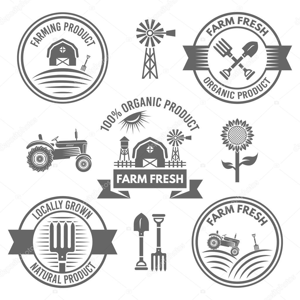 Farm fresh products vector labels, badges, emblems