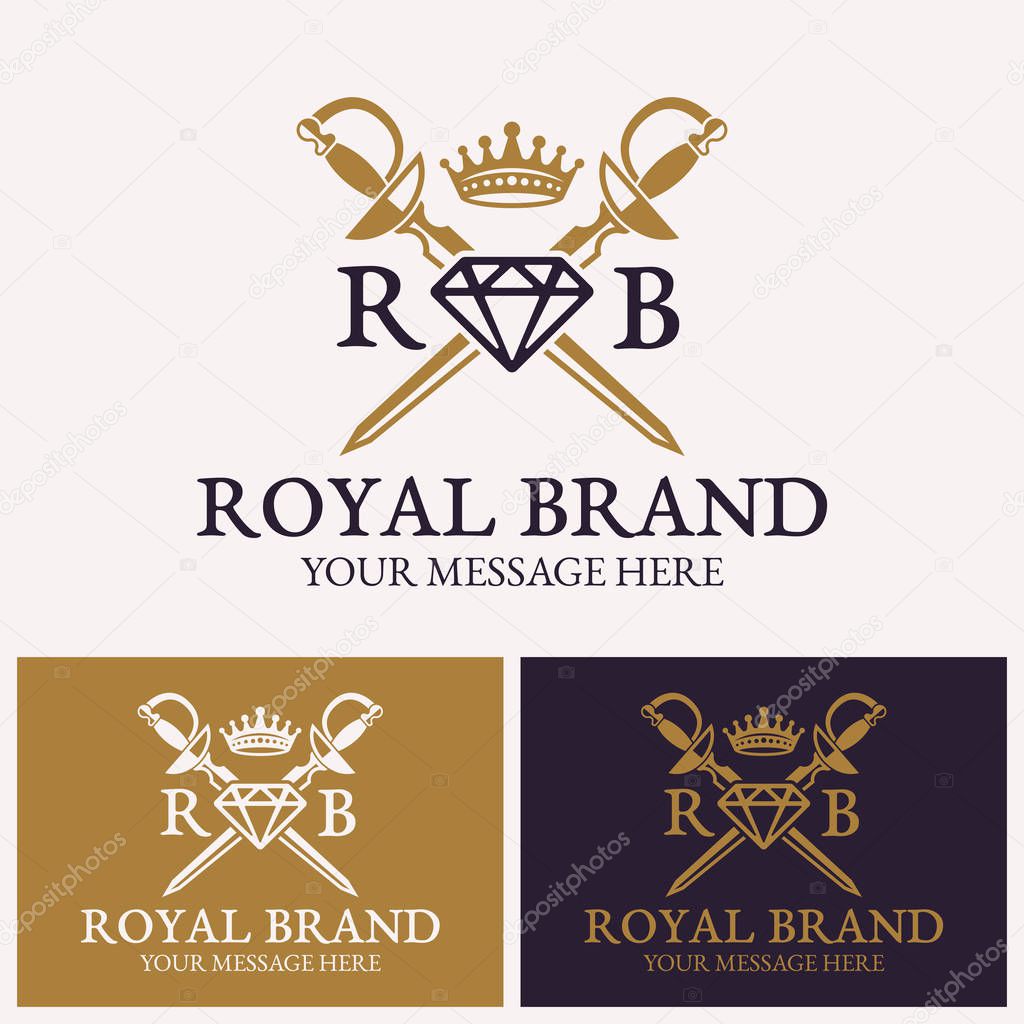 Two crossed swords and diamonds with crown vector logo template for uses in different spheres. Jewelry logo, crown logo, luxury logo, fashion logo, lawyer logo.