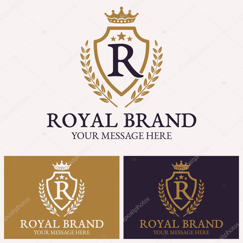 Shield with crown and branch for company letter vector logo template for uses in different spheres. Lawyer logo, crown logo, luxury logo, boutique logo, royalty logo.