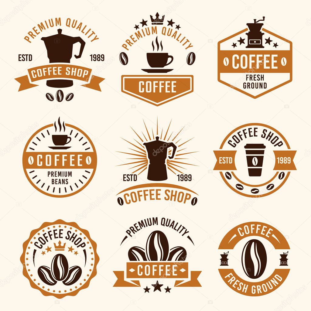 Coffee colored vector labels, badges, emblems