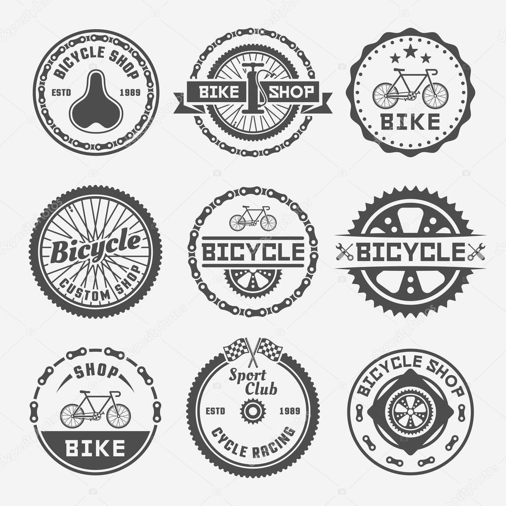 Bicycle shop set of monochrome vector round labels, badges, emblems and logos in vintage style on gray background. Bike repair. Bicycle custom shop. Cycle racing sport club