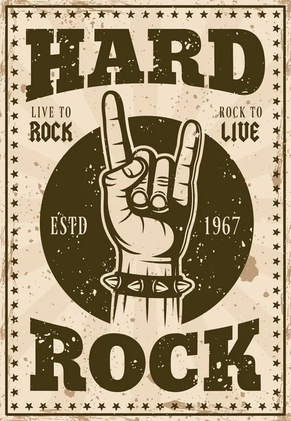 Cartel vintage de música rock con cuernos vector de mano — Vector de stock
