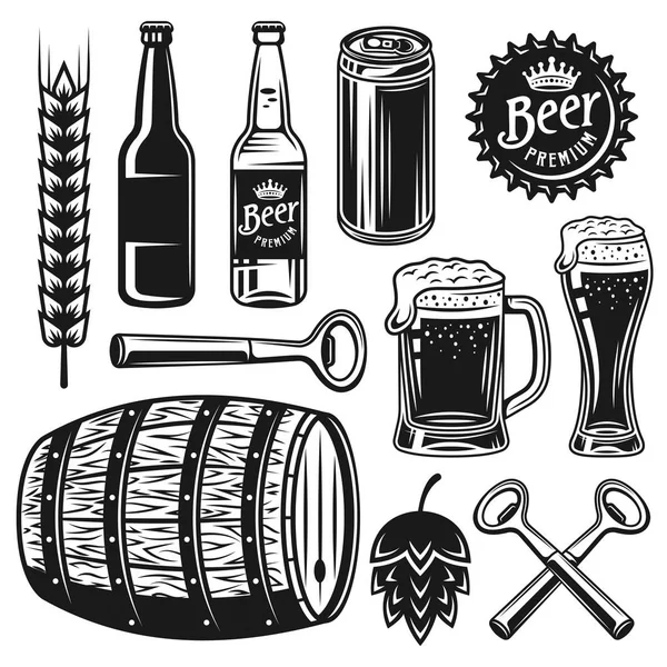 Cerveza y cervecería conjunto de vectores de objetos negros — Vector de stock