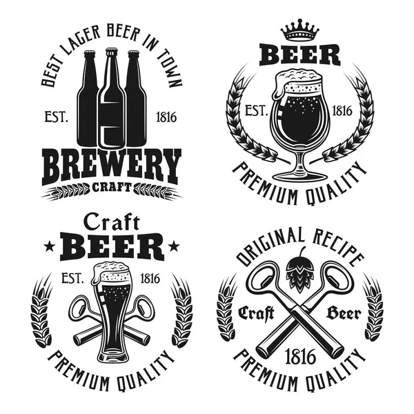 Пиво и пивоварня четыре эмблемы, этикетки, значки — стоковый вектор