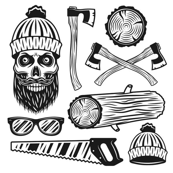 Lumberjack equipment and attributes vector objects — Stock Vector
