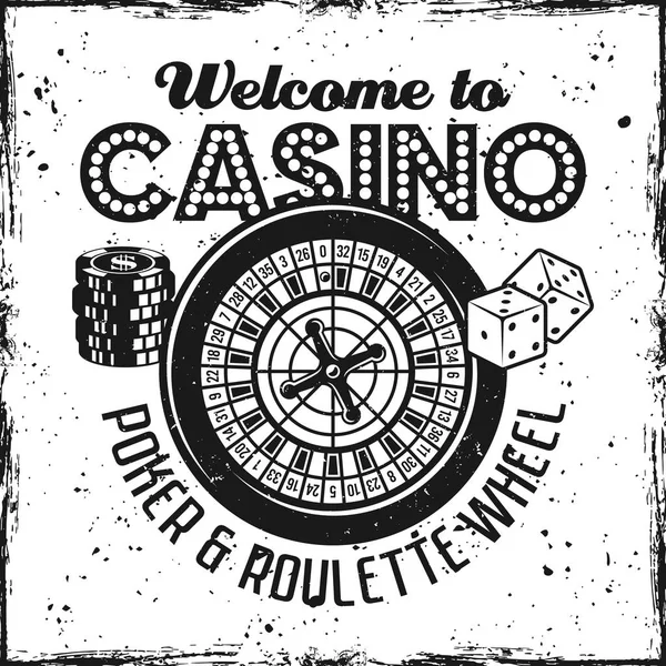 Emblema del casino con ruleta rueda, dados, fichas — Vector de stock