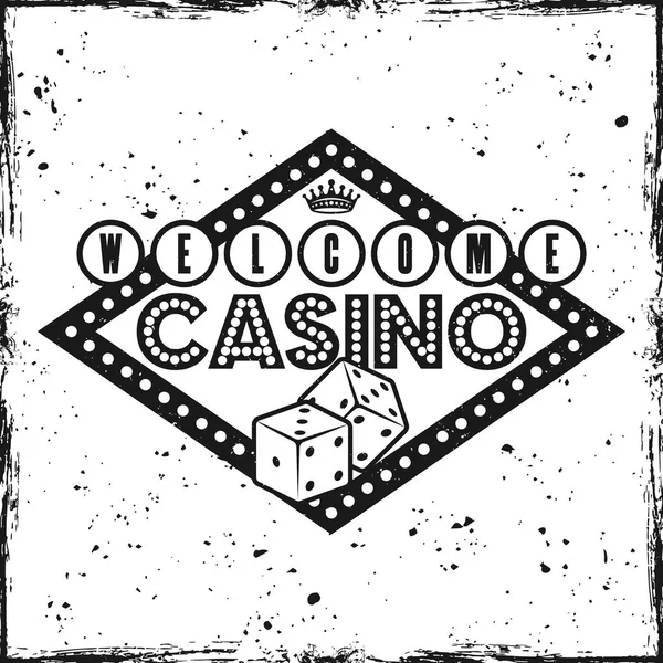Signe de jeu, emblème avec texte bienvenue au casino — Image vectorielle