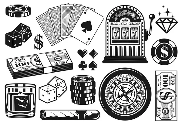 Векторні об'єкти казино та покеру, вінтажні елементи — стоковий вектор
