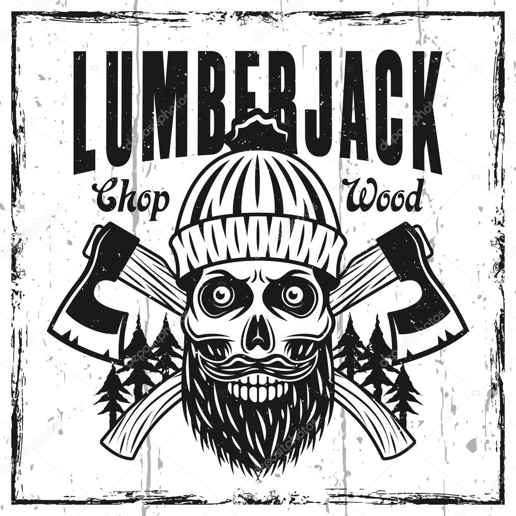 Lumberjack emblem or t-shirt print with skull in knitted hat and two crossed axes on textured background vector illustration