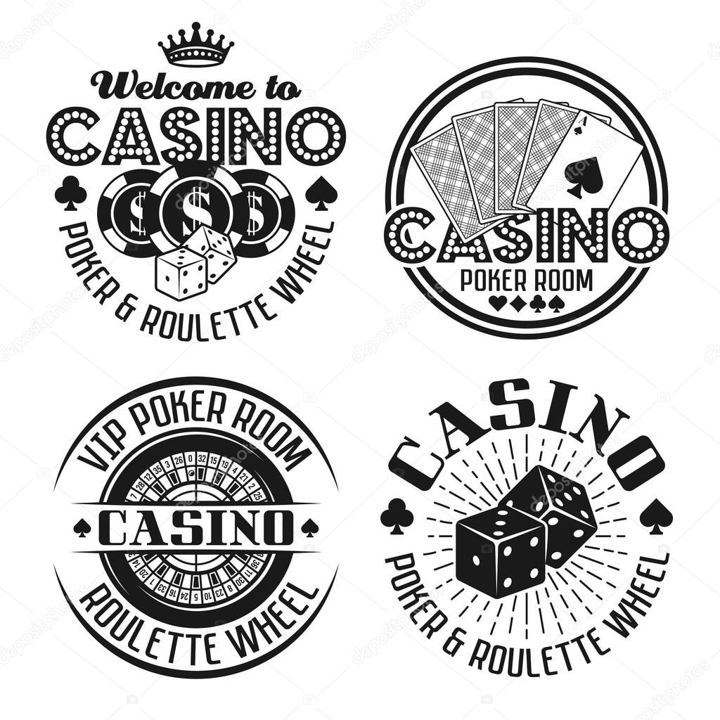 Casino and gambling set of four vector emblems, labels or badges in vintage monochrome style isolated on white background
