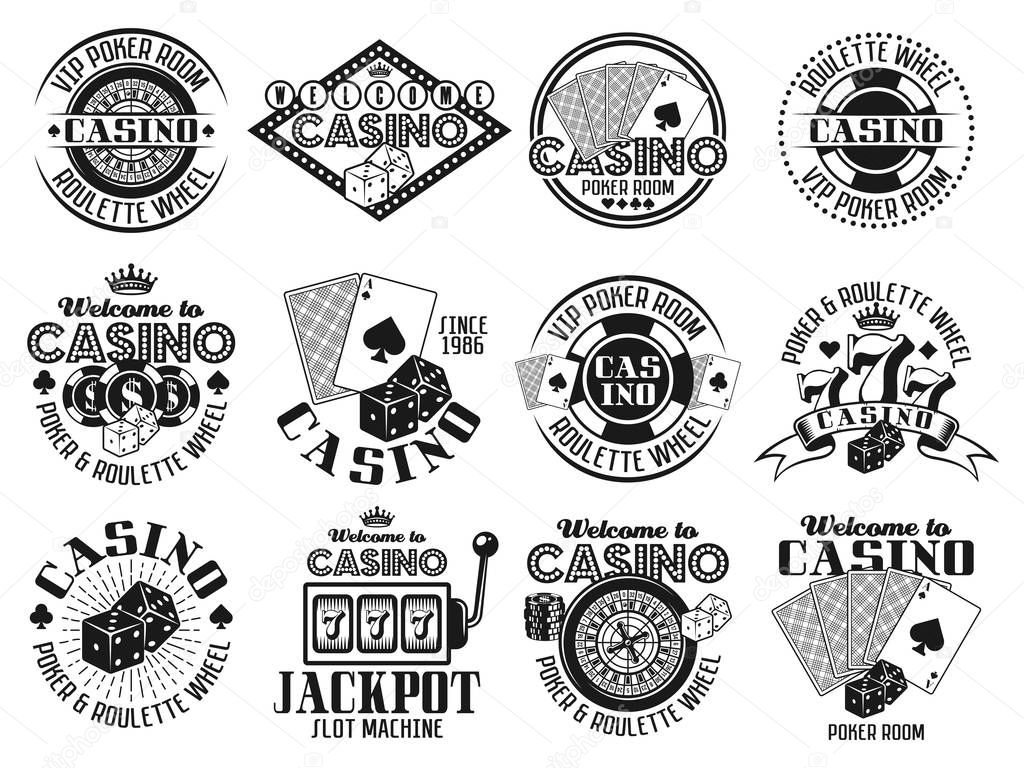 Casino and gambling set of twelve vector emblems, labels or badges in vintage monochrome style isolated on white background
