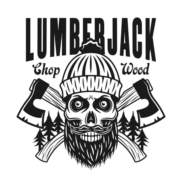 Lumberjack bearded skull emblem with crossed axes — Stock Vector