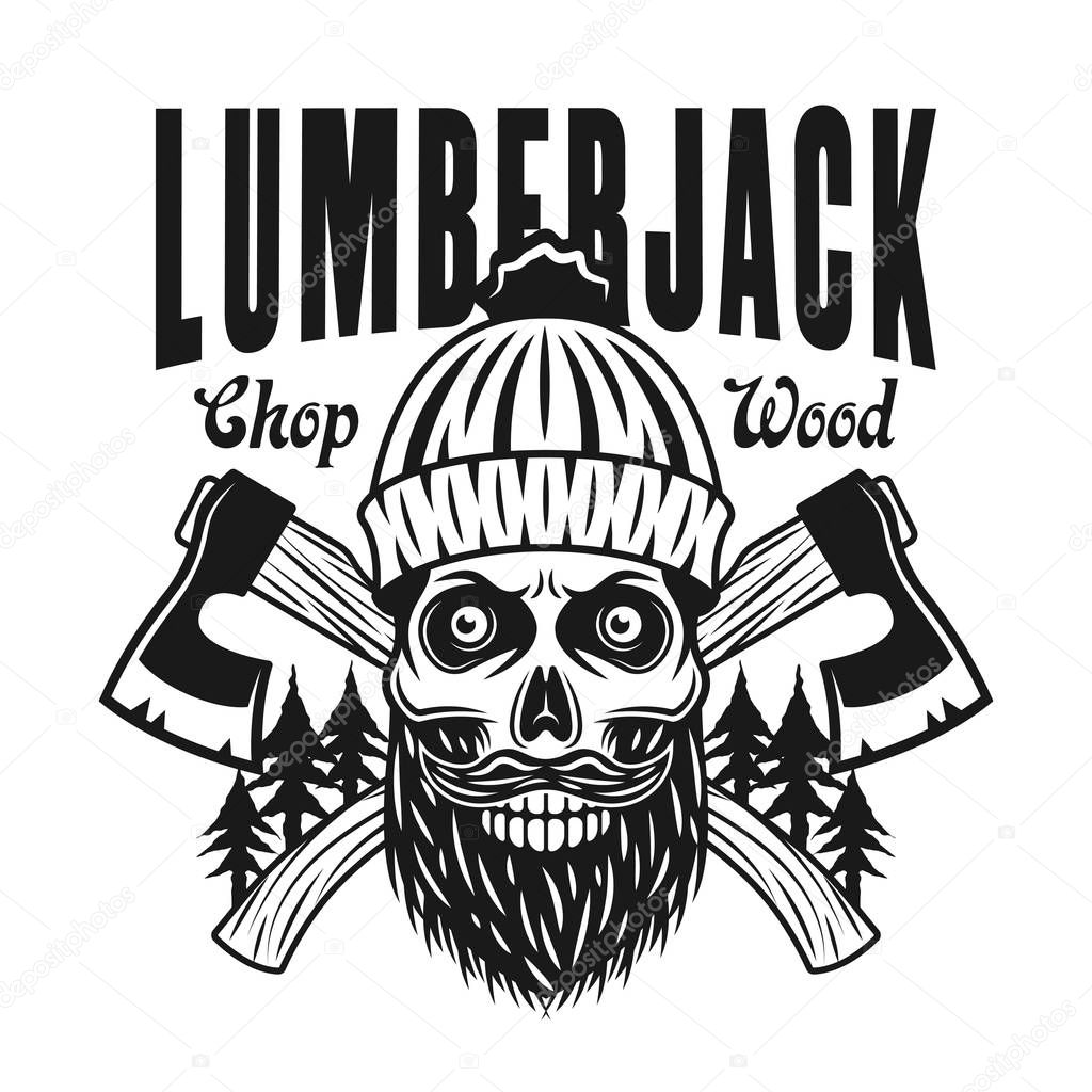 Lumberjack emblem or t-shirt print with bearded skull in hat and two crossed axes vector monochrome illustration isolated on white background