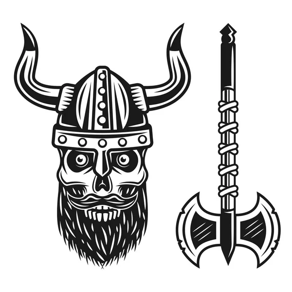 Viking bebaarde schedel in helm en dubbele bijl — Stockvector