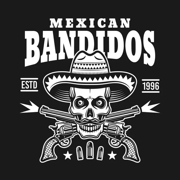 Calavera en sombrero con dos pistolas cruzadas emblema — Vector de stock