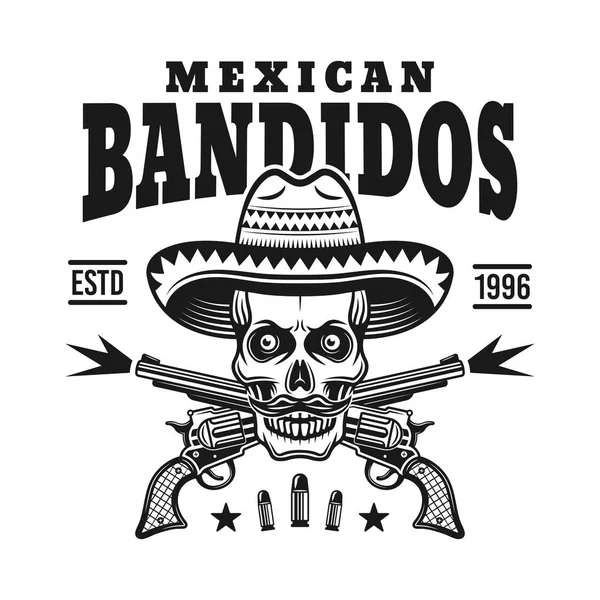 Mexican bandit skull in sombrero vector emblem — Stock Vector