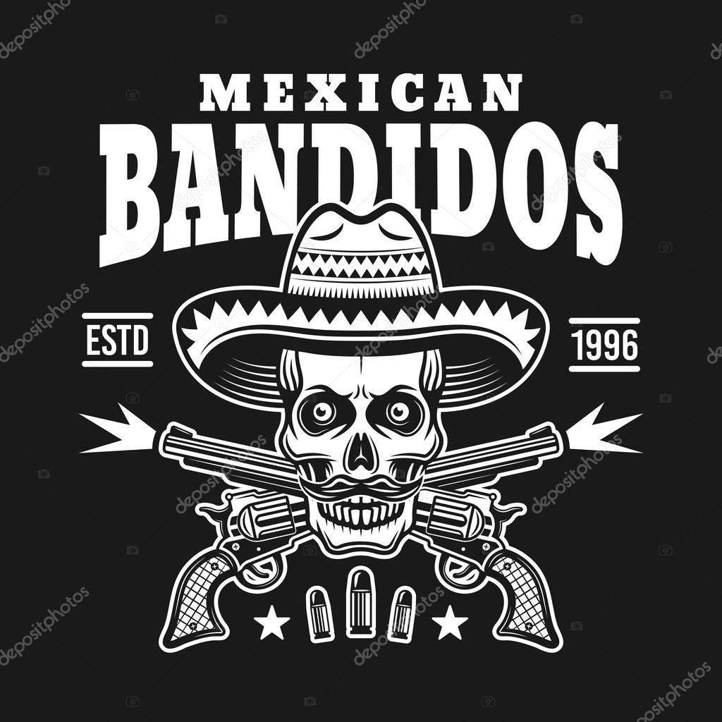 Skull in sombrero hat with mustache and two crossed pistols vector emblem, label, print or logo isolated on dark background