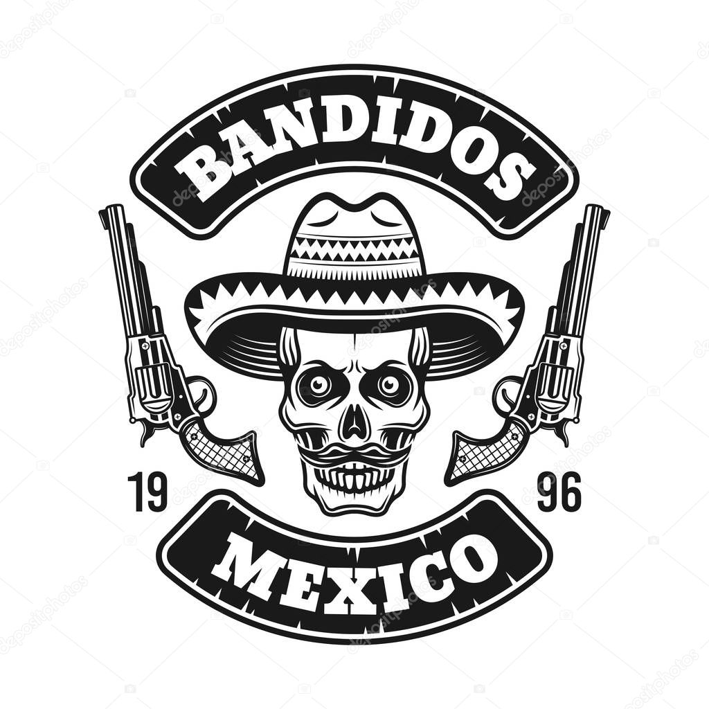 Mexican bandit emblem, label, print or logo skull in sombrero hat with two guns. Vector illustration in monochrome style isolated on white background