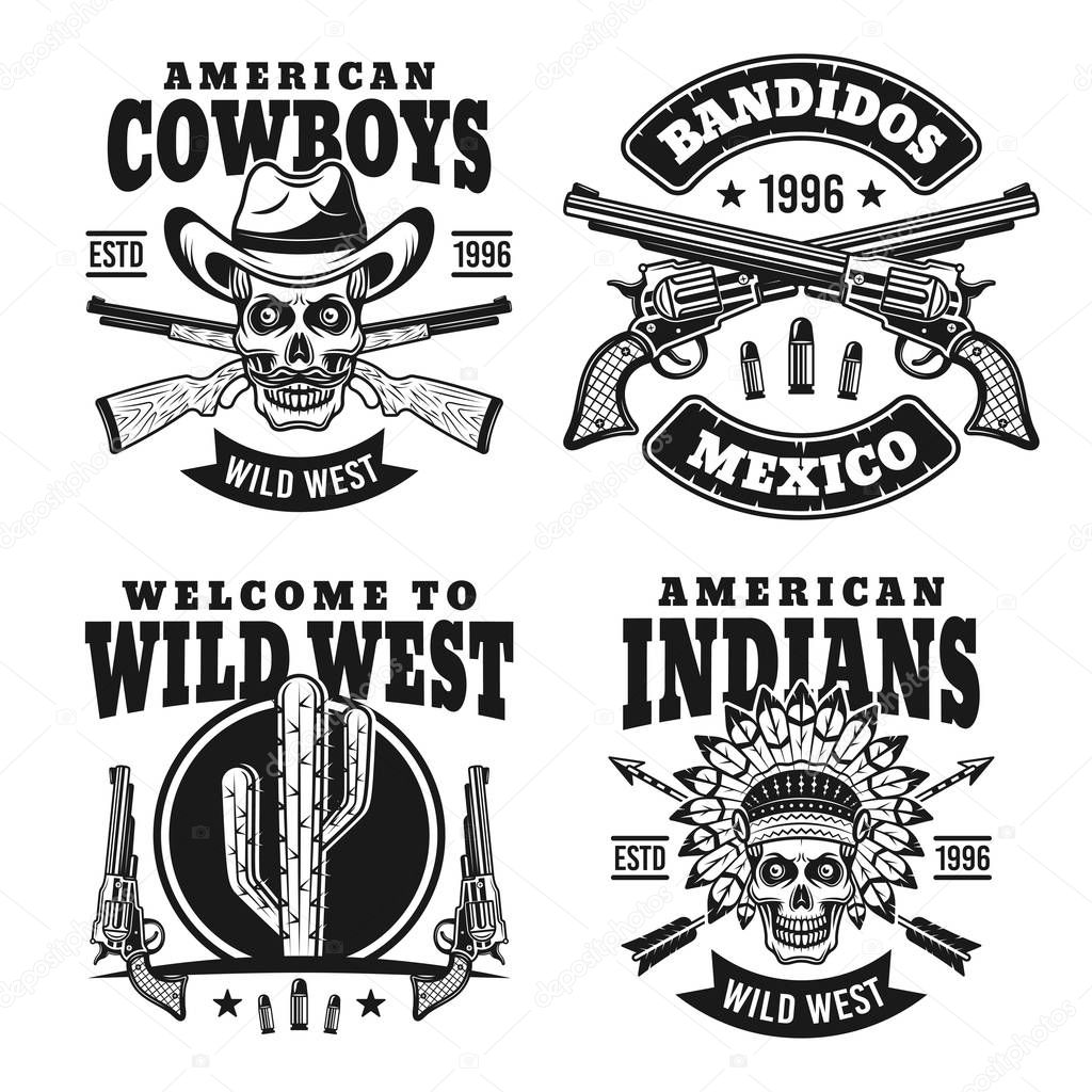 Western set of four black vector emblems, badges, labels or logos isolated on white background
