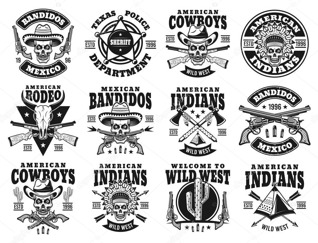 Wild west set of twelve vector emblems, labels, badges or logos with skull of cowboy, indian chief, mexican bandit in vintage monochrome style isolated on white background