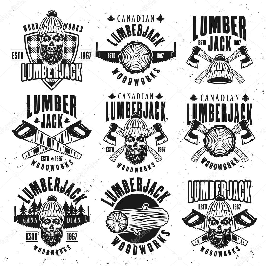 Lumberjack vintage black on white vector emblems