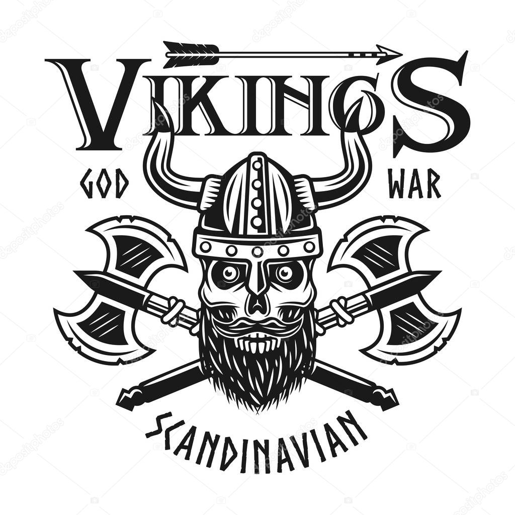 Vikings emblem or shirt print with bearded skull in horned helmet and two crossed axes vector illustration isolated on white background