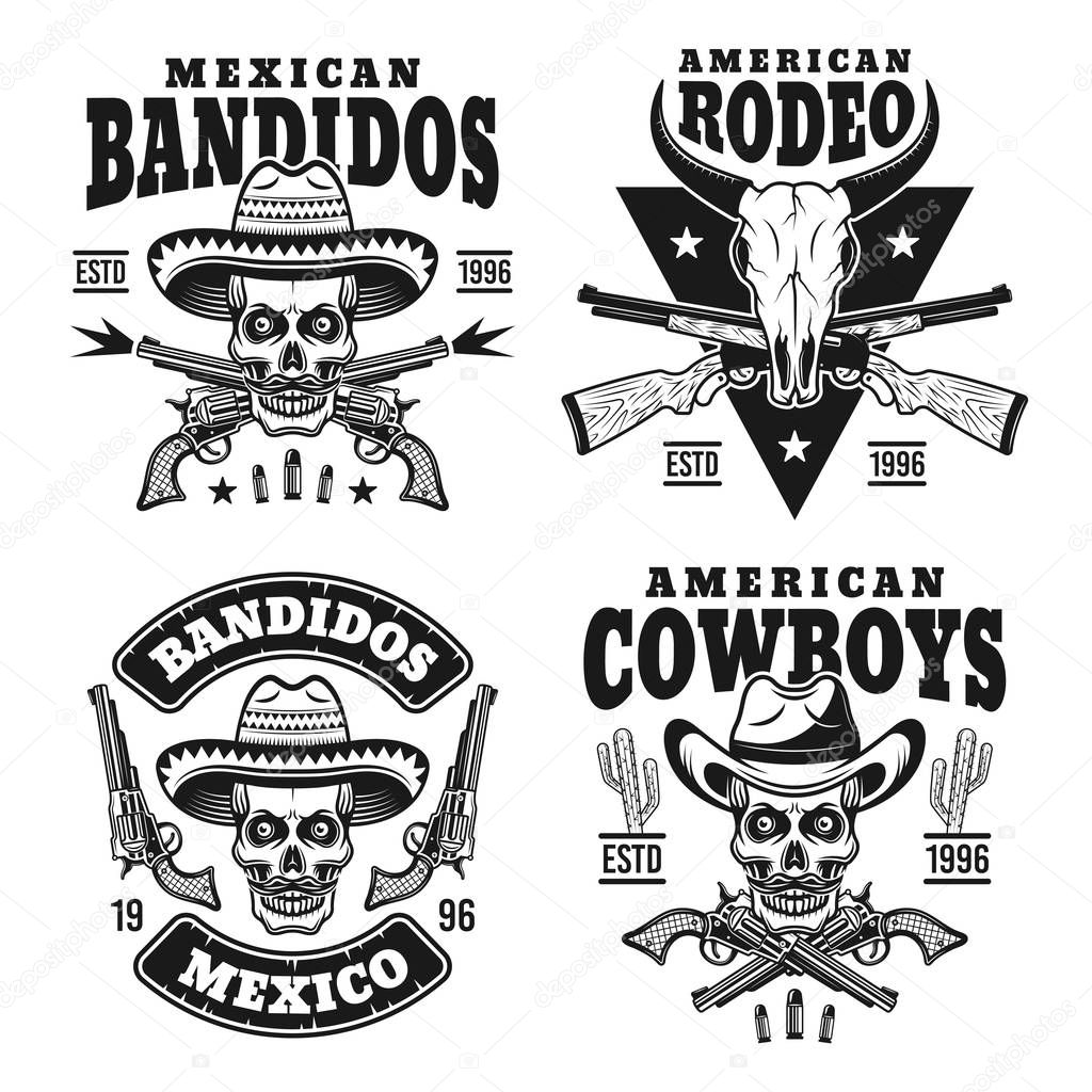 Wild west set of monochrome vector emblems