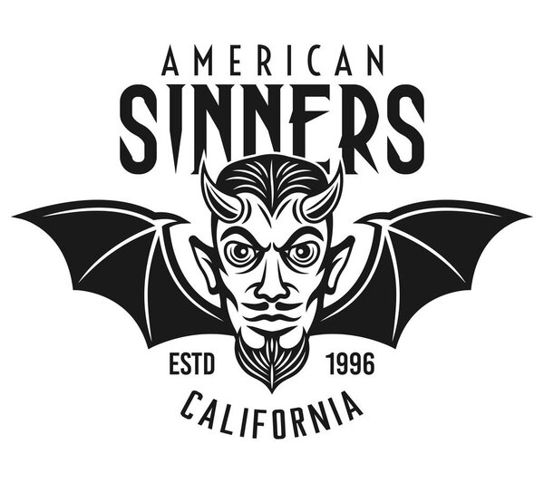 Летающая голова дьявола с векторной эмблемой крыльев летучих мышей
