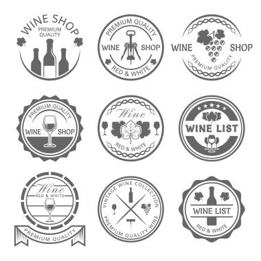 Şarap dükkanı ve şarap listesi tek renkli etiketler vektör