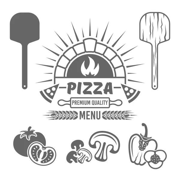 Horno de ladrillo y pizza vector emblema negro o etiqueta — Vector de stock