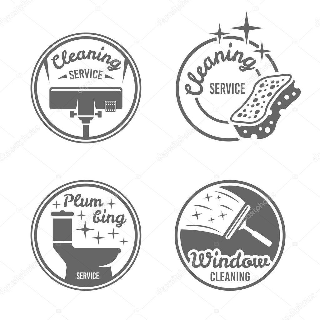 Cleaning service four black vector round badges