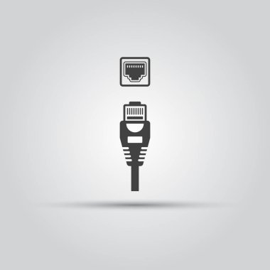 Ethernet kablosu ve bağlantı noktası izole vektör siyah simgesi